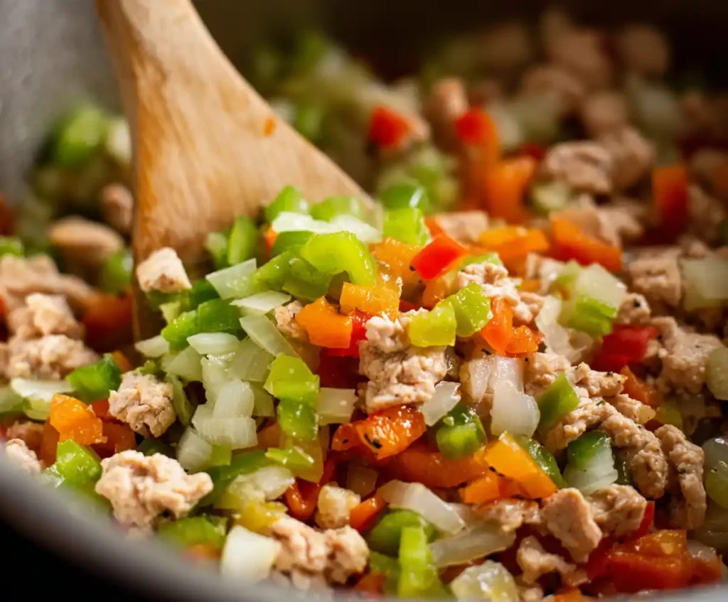 Onions, garlic, and bell peppers cooking with turkey in Instant Pot