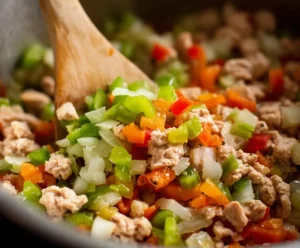 Onions, garlic, and bell peppers cooking with turkey in Instant Pot