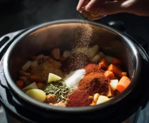 Spices added to sautéed turkey and veggies in Instant Pot