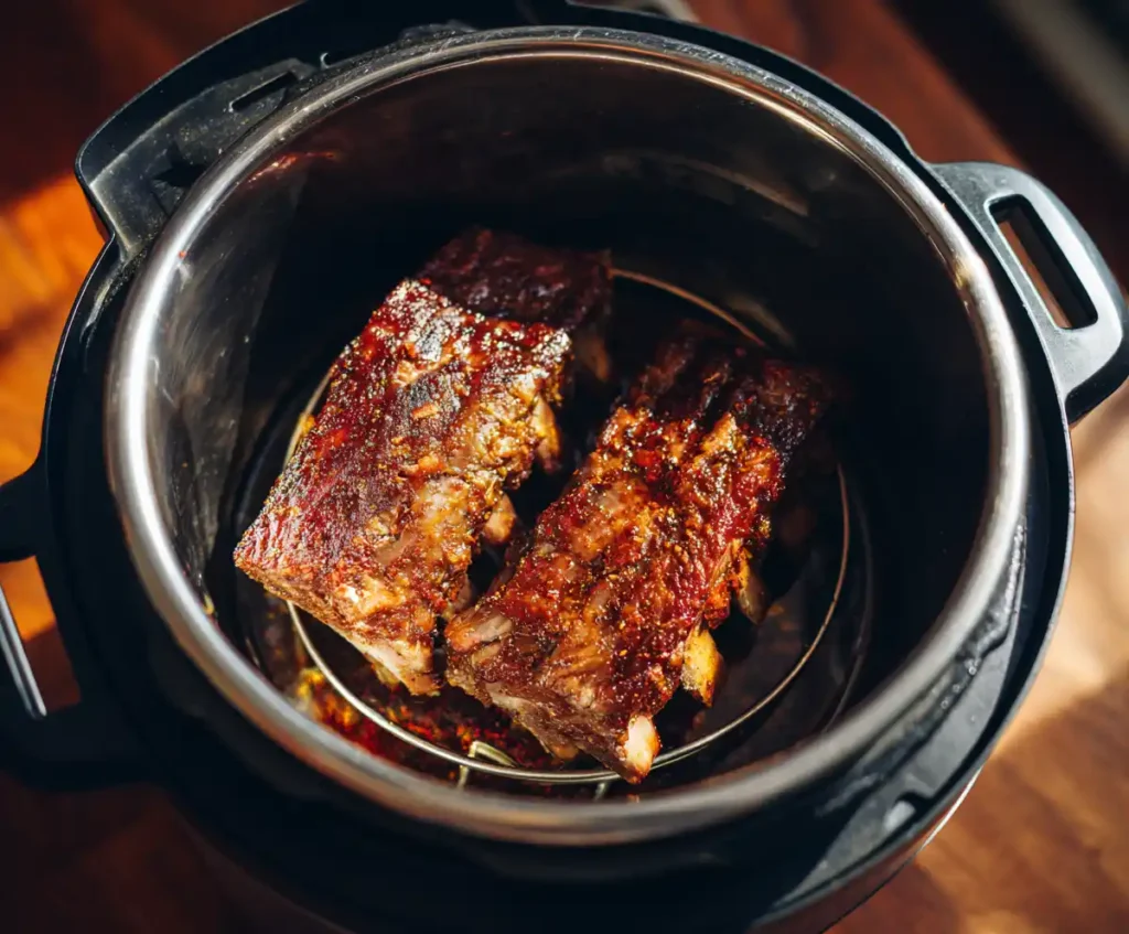 Ribs placed inside Instant Pot on trivet ready to pressure cook