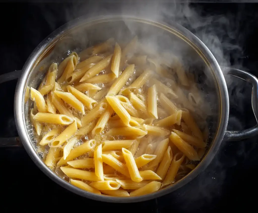 Penne pasta cooking in salted boiling water