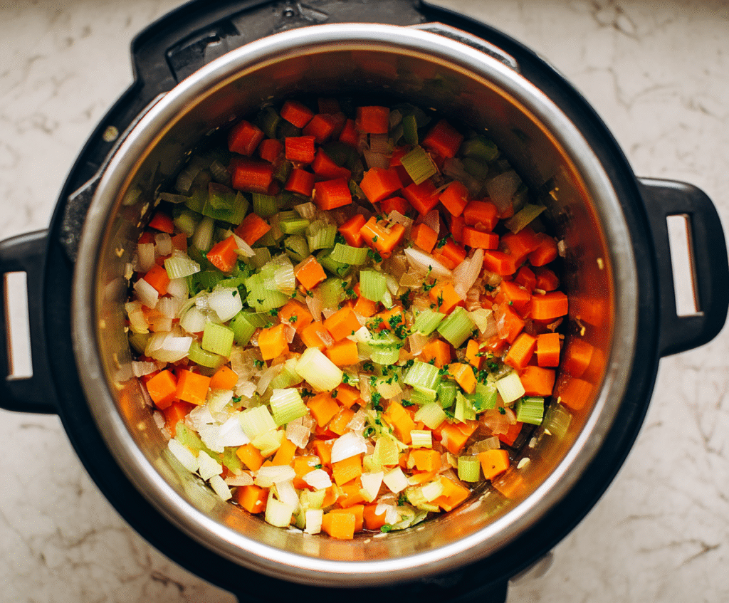 Onion, carrots, celery, and garlic sautéing in pressure cooker for seafood stew
