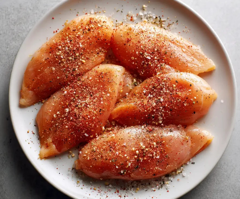 Raw chicken breasts seasoned with paprika, garlic, and pepper for Instant Pot BBQ Chicken