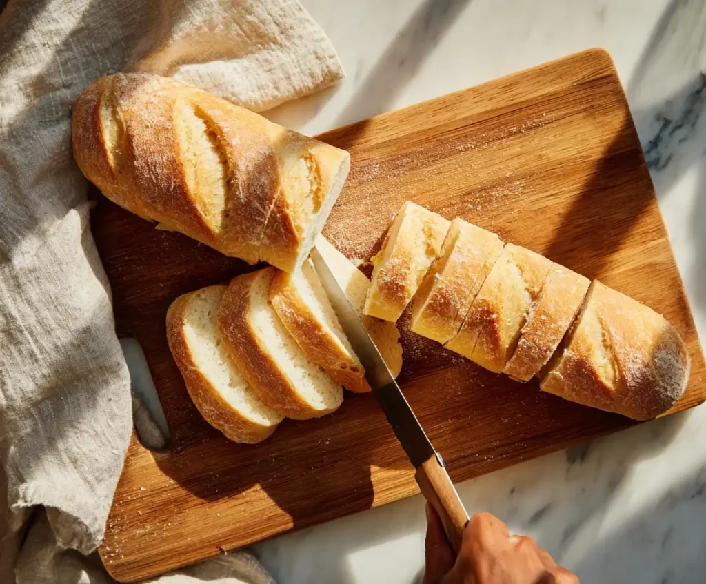 Sliced baguette on cutting board for air fryer garlic bread.