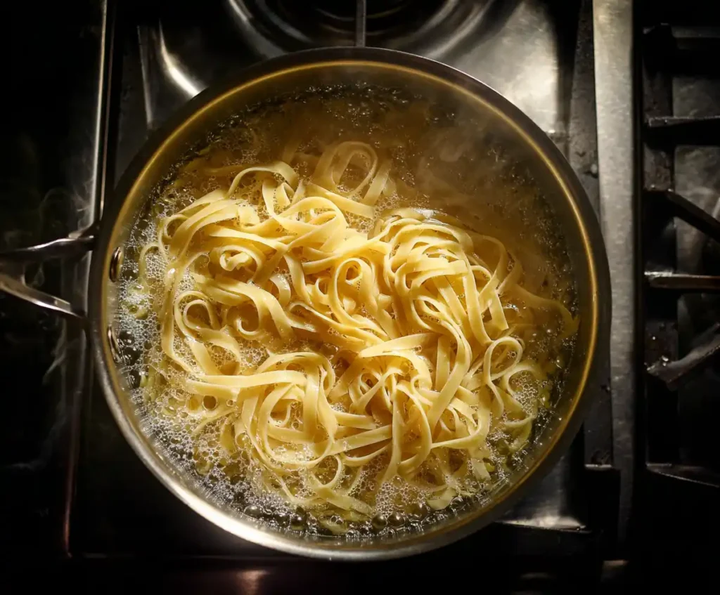 Fettuccine pasta cooking in salted boiling water for Alfredo recipe