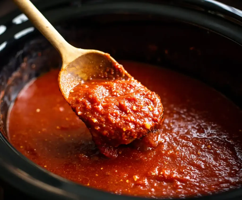 Layer of marinara sauce spread at the bottom of slow cooker