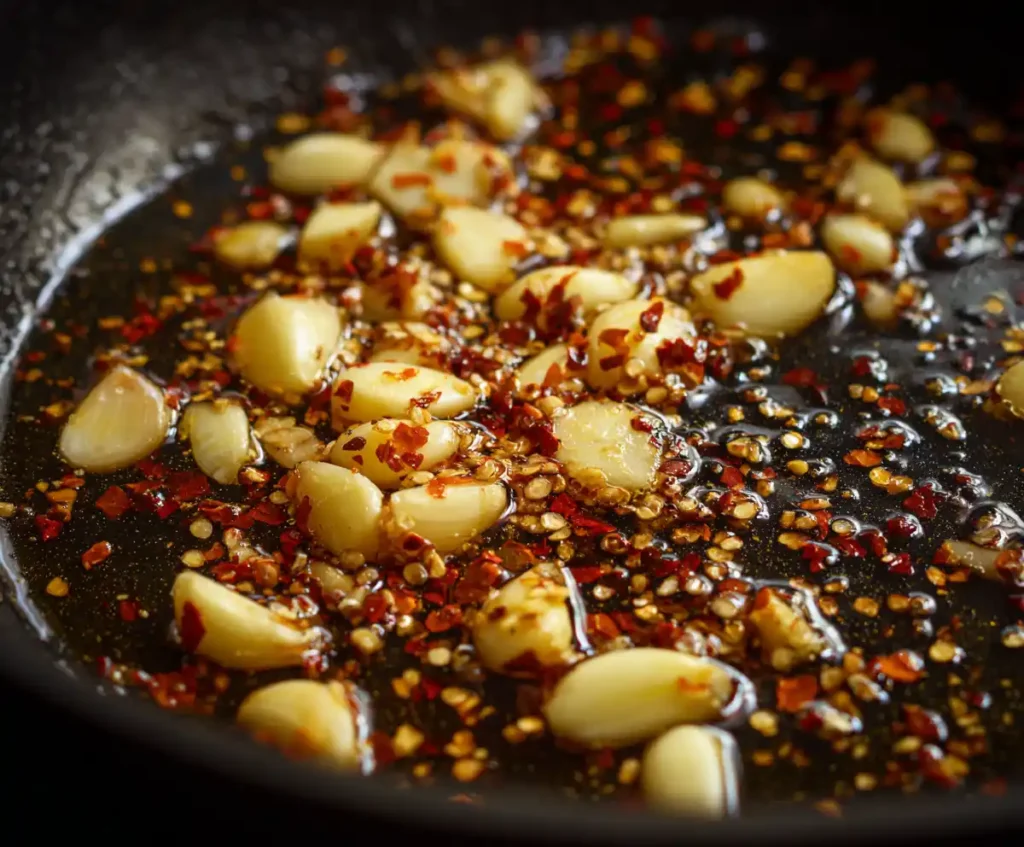 Garlic and chili flakes sautéing in olive oil for arrabbiata sauce