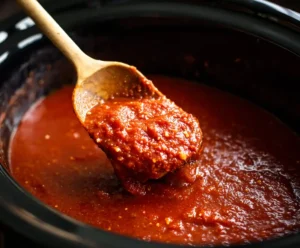 Layer of marinara sauce spread at the bottom of slow cooker