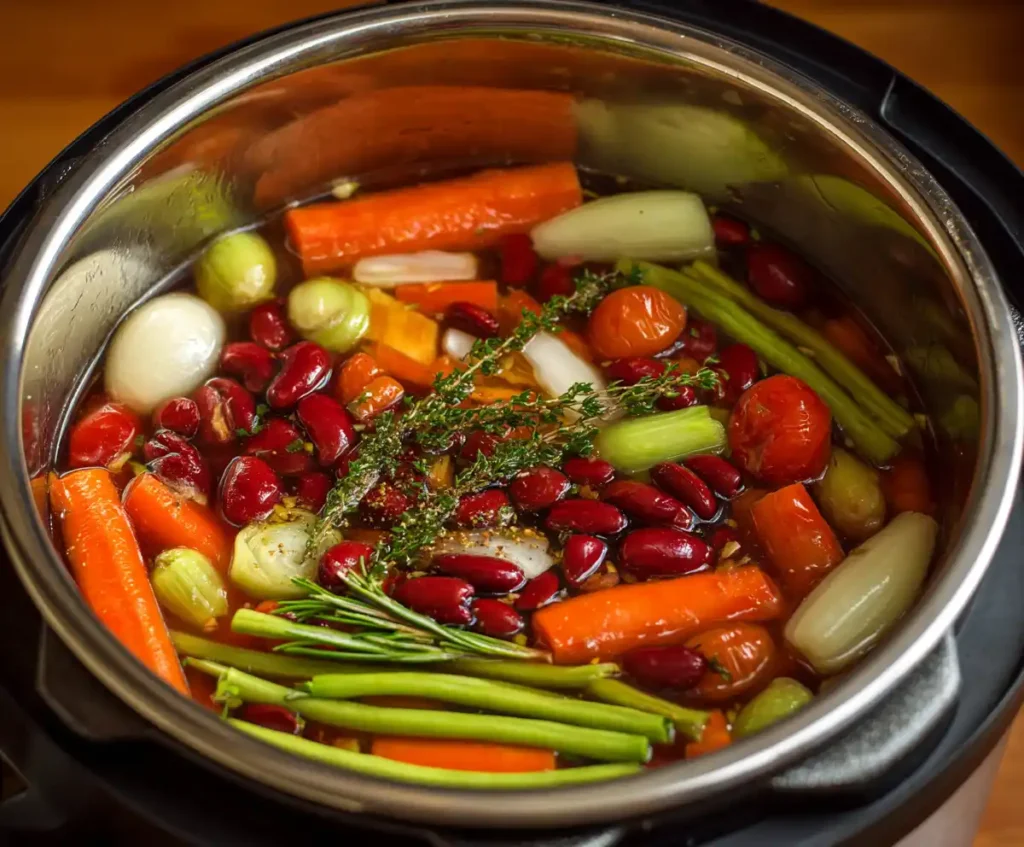 Slow cooker filled with vegetables, beans, and broth for minestrone soup