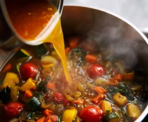 Adding tomatoes and broth to sautéed vegetables in pressure cooker for seafood stew