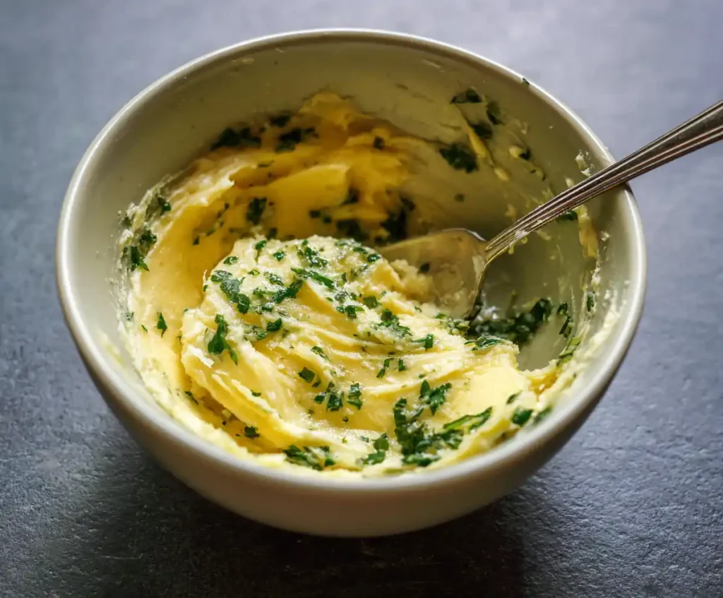 Garlic butter mixture with parsley and Parmesan in bowl