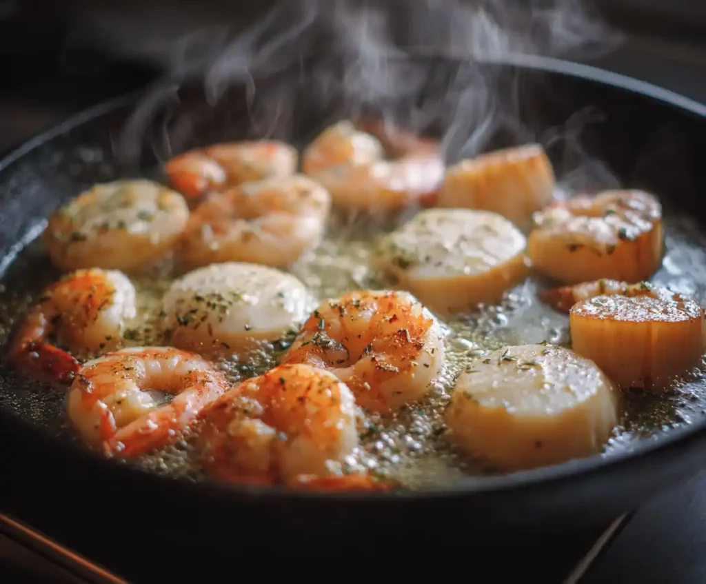 Shrimp and scallops sautéing in butter in skillet for seafood Alfredo