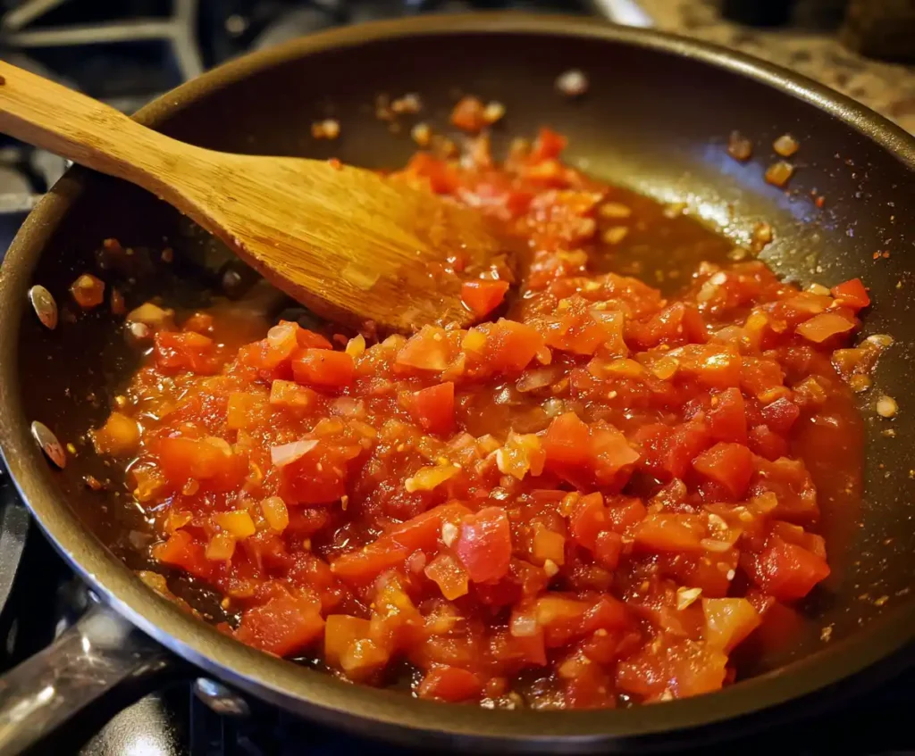Tomatoes simmering in skillet for arrabbiata sauce