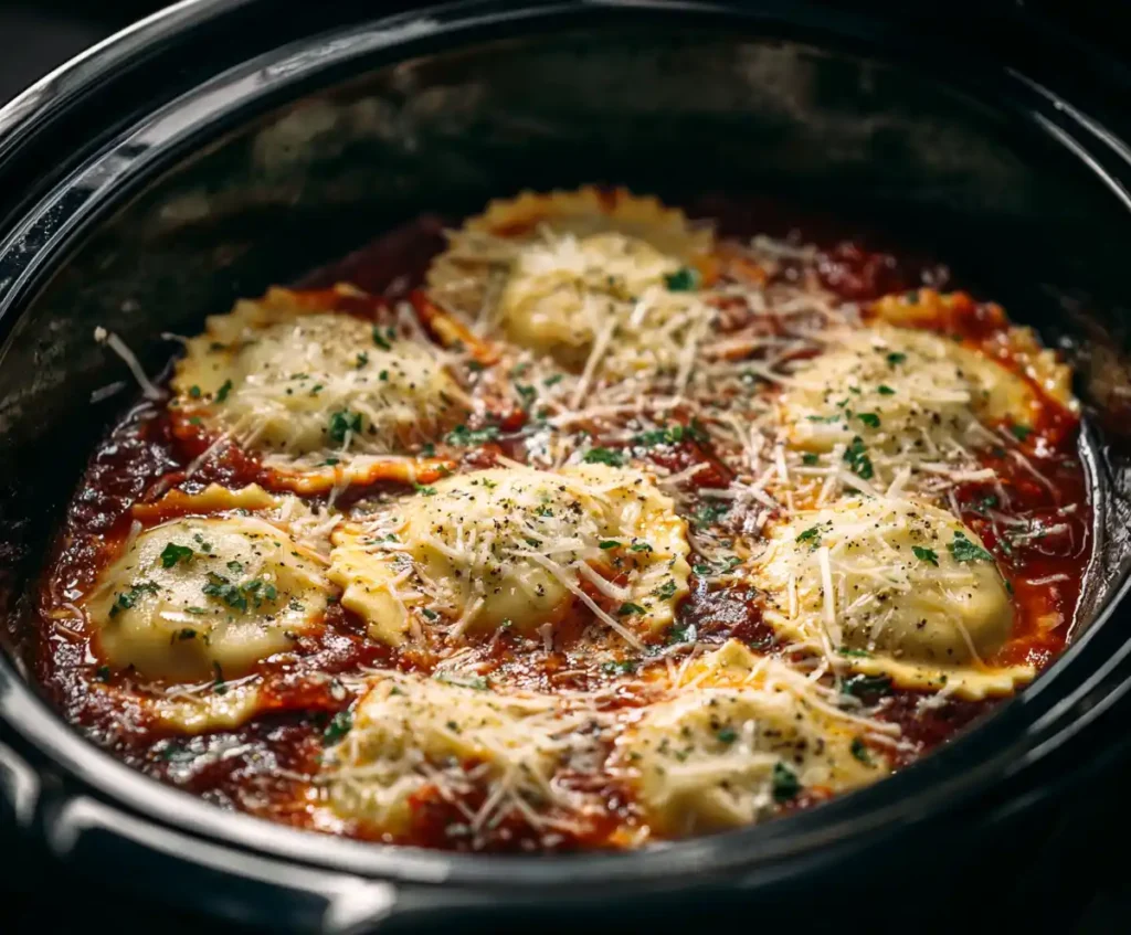 Frozen cheese ravioli layered over marinara in slow cooker