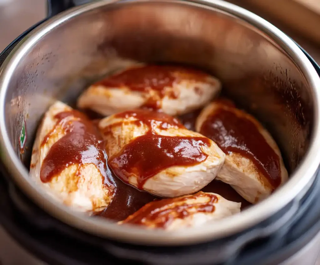 Chicken with BBQ sauce layered in Instant Pot before cooking