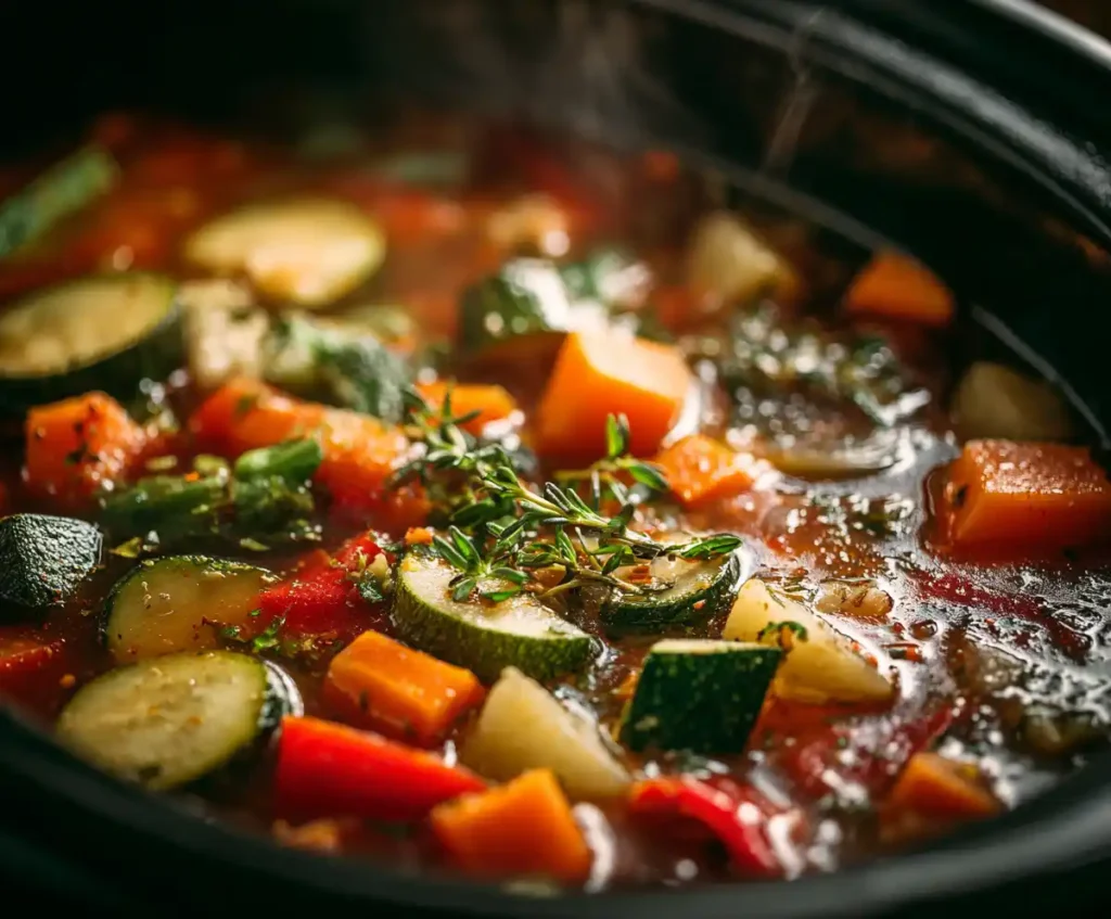 Minestrone soup simmering in slow cooker with beans and veggies