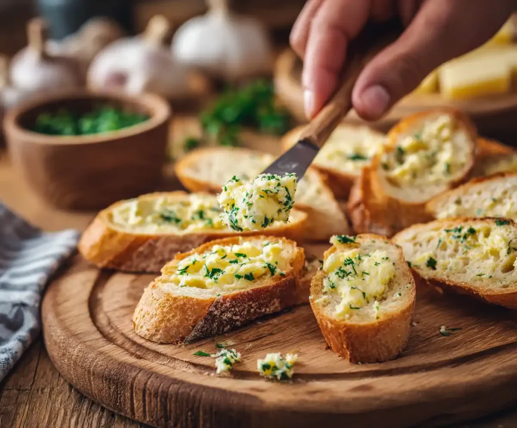 Bread slices spread with garlic butter for air fryer garlic bread.