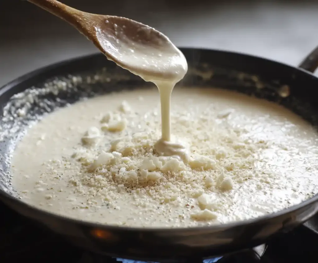 Alfredo sauce with cream, garlic, and Parmesan simmering in pan