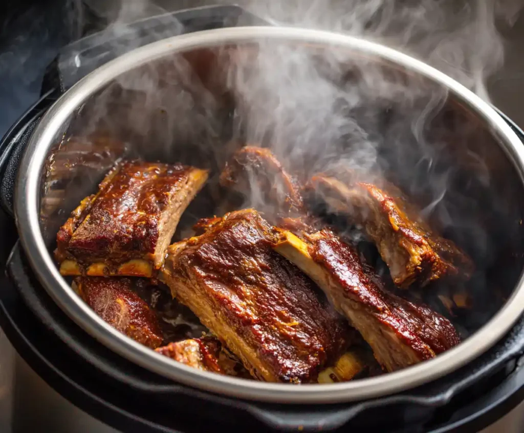 Freshly pressure cooked ribs inside Instant Pot
