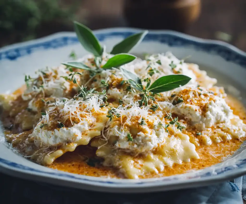 Ricotta and mozzarella layered over ravioli in slow cooker