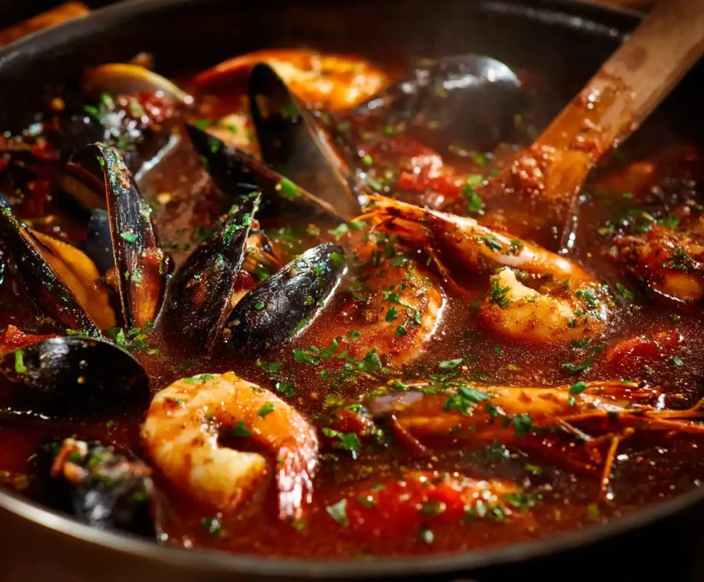 Text: Shrimp, mussels, and fish added to tomato broth in pressure cooker seafood stew
