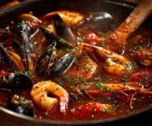 Text: Shrimp, mussels, and fish added to tomato broth in pressure cooker seafood stew