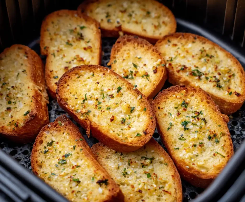 Garlic bread slices placed in air fryer basket ready to cook