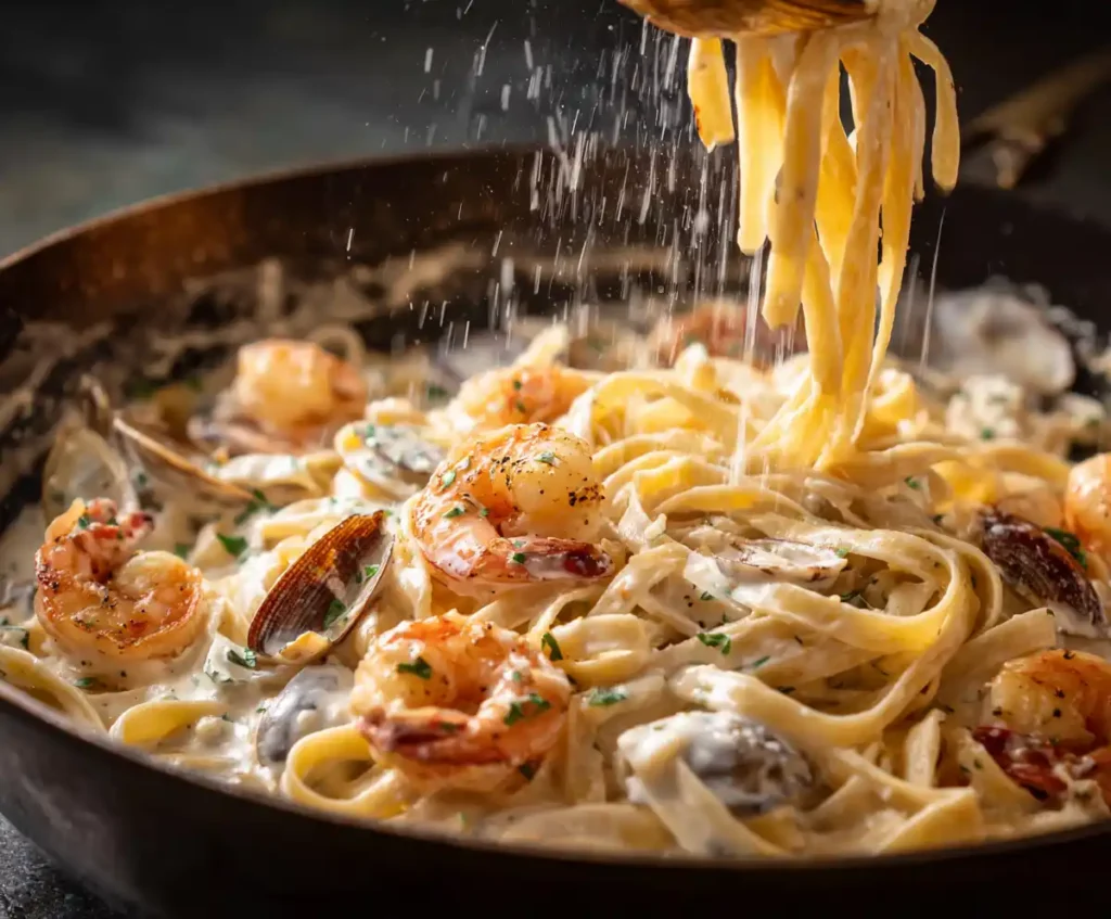 Fettuccine pasta with shrimp and scallops coated in Alfredo sauce