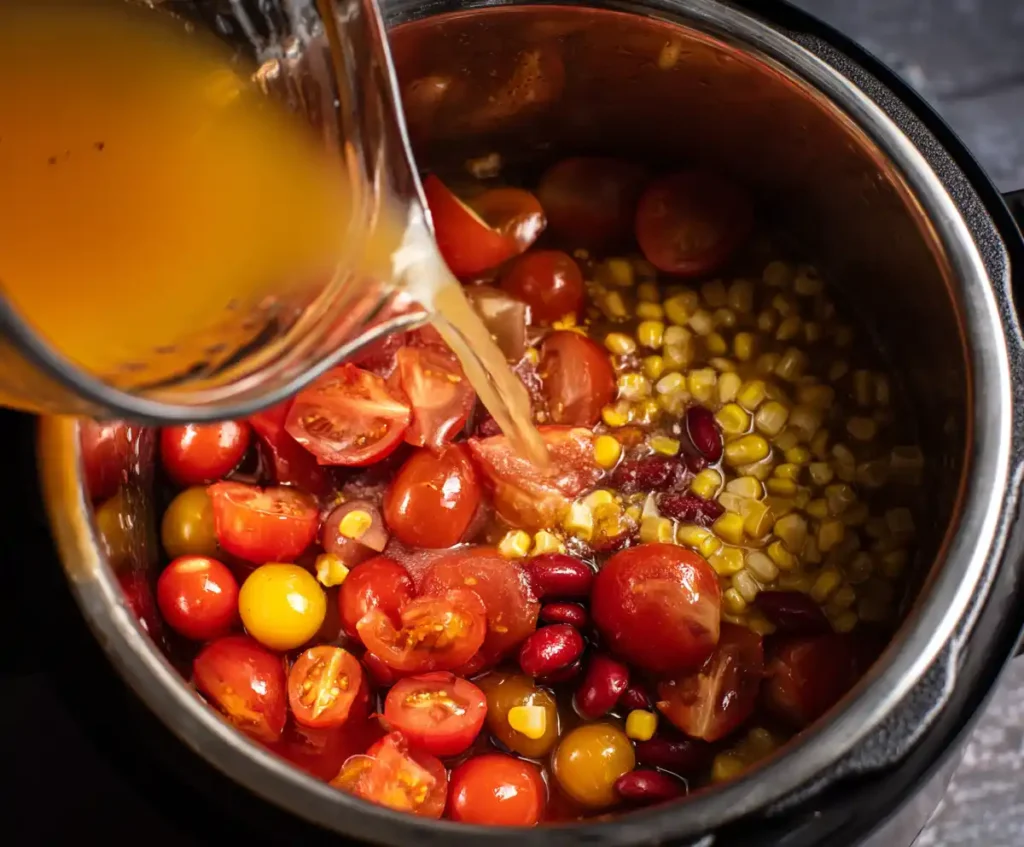 Tomatoes, beans, corn, and broth added to Instant Pot chili