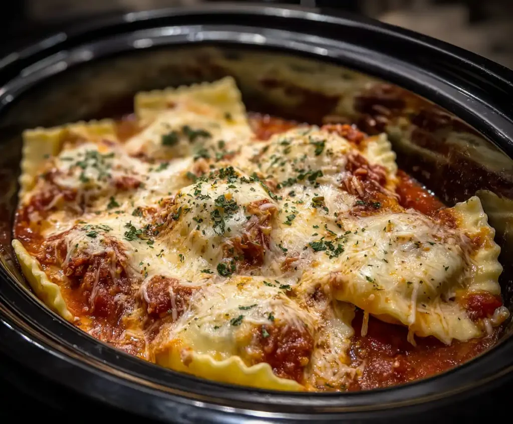 Layers of ravioli, marinara, and cheese stacked in slow cooker