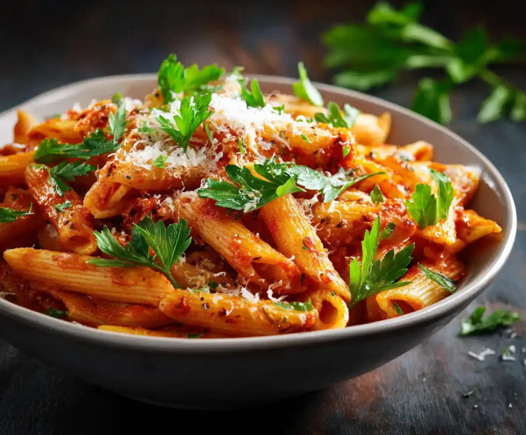 Penne arrabbiata served in bowl with parsley garnish