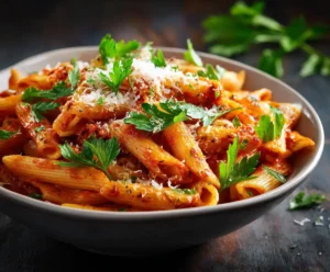Penne arrabbiata served in bowl with parsley garnish