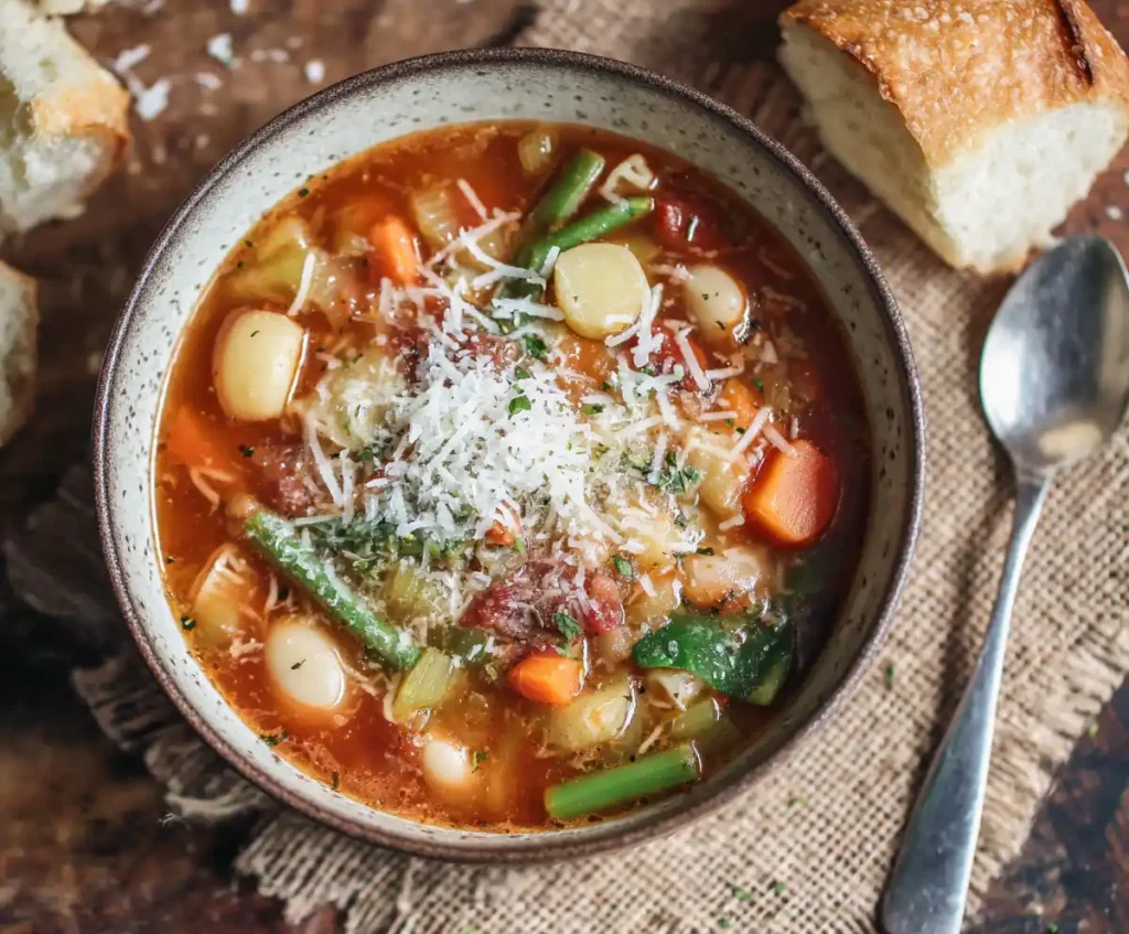 Slow cooker minestrone soup served in bowl with Parmesan and bread