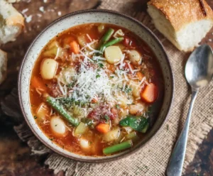 Slow cooker minestrone soup served in bowl with Parmesan and bread