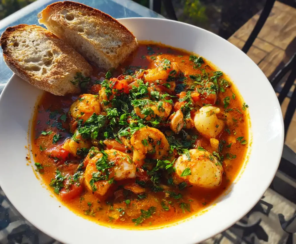 Pressure cooker seafood stew served in bowl with parsley and bread