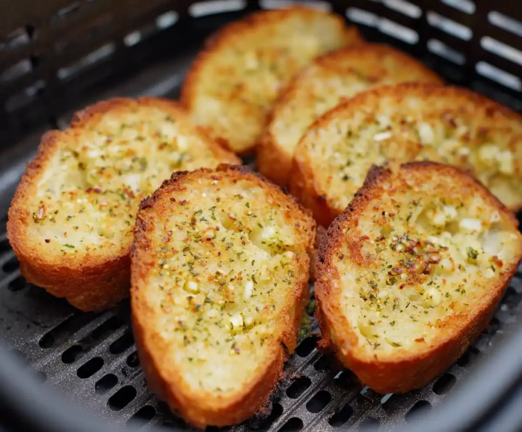 Crispy golden air fryer garlic bread fresh from the basket