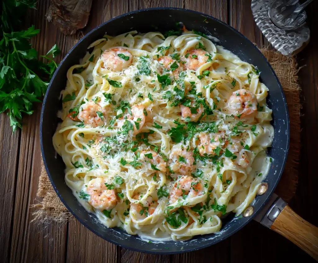 Seafood Fettuccine Alfredo with shrimp, scallops, parsley, and Parmesan ready to serve