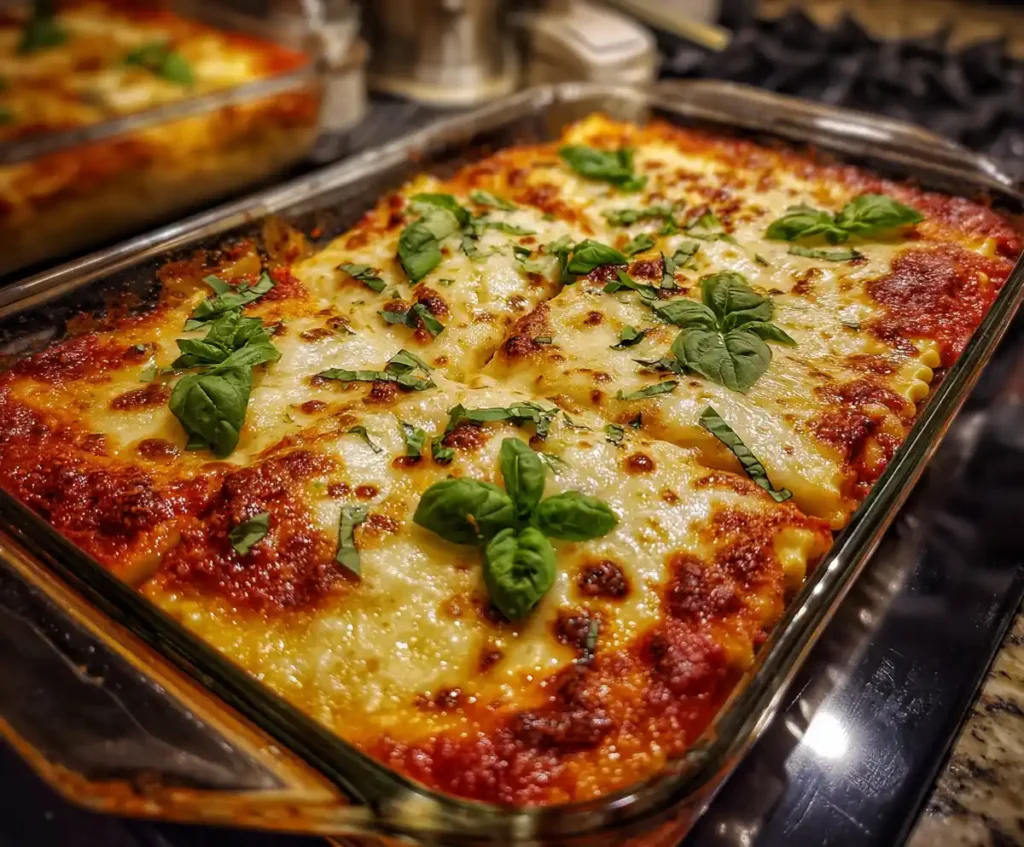 Cheesy slow cooker ravioli lasagna garnished with basil