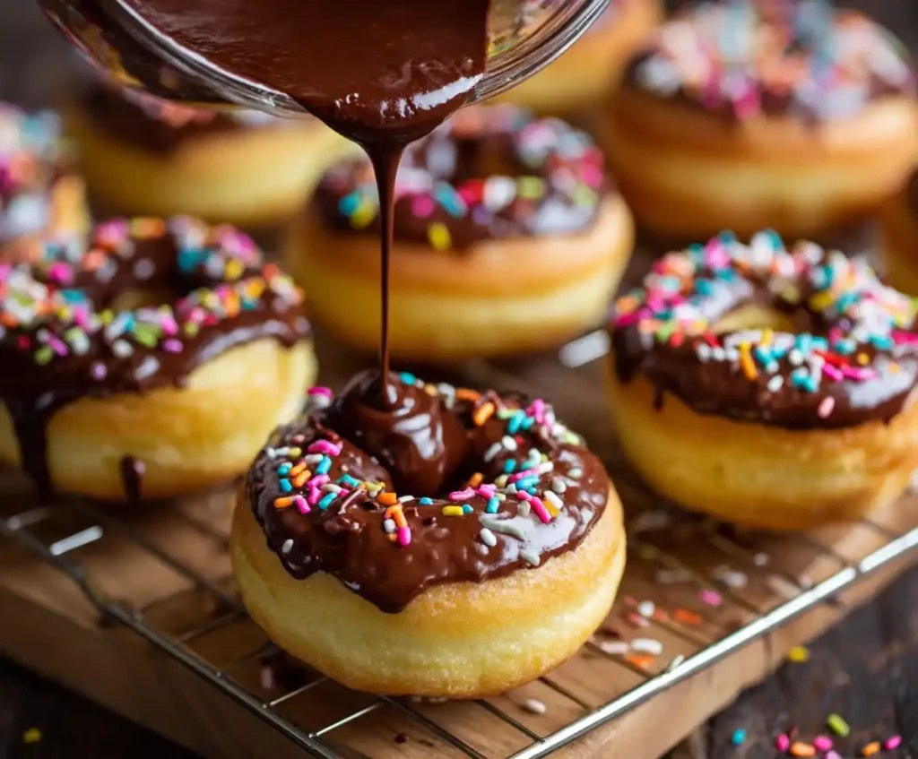 Air fried donuts dipped in glaze and decorated with sprinkles