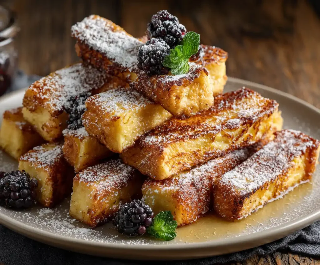 Air fryer French toast sticks dusted with powdered sugar and berries