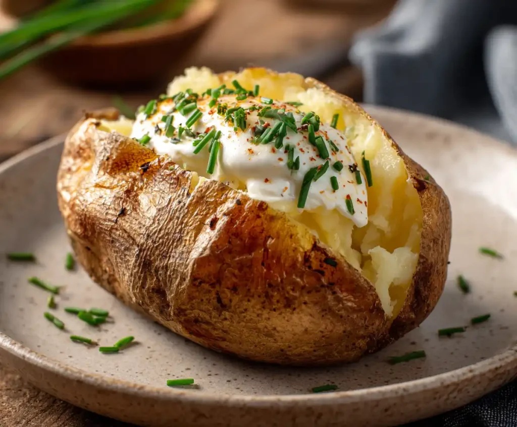 Air fryer baked potato with butter and sour cream topping