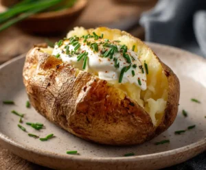Air fryer baked potato with butter and sour cream topping