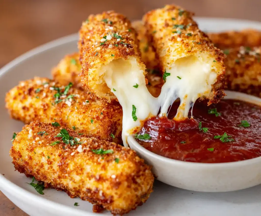 Air fryer mozzarella sticks served with marinara sauce