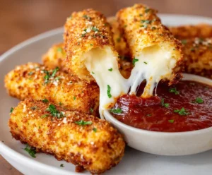Air fryer mozzarella sticks served with marinara sauce