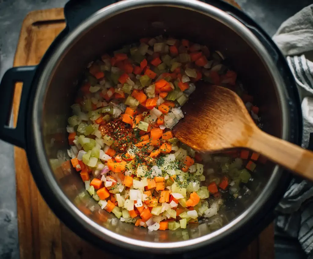 Aromatic vegetables sautéing in Instant Pot for vegetable soup