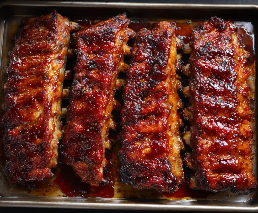 BBQ ribs caramelizing under broiler after slow cooking
