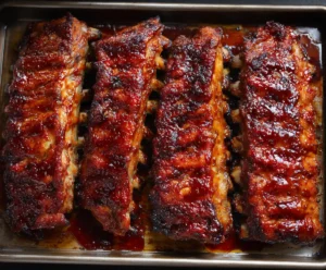 BBQ ribs caramelizing under broiler after slow cooking