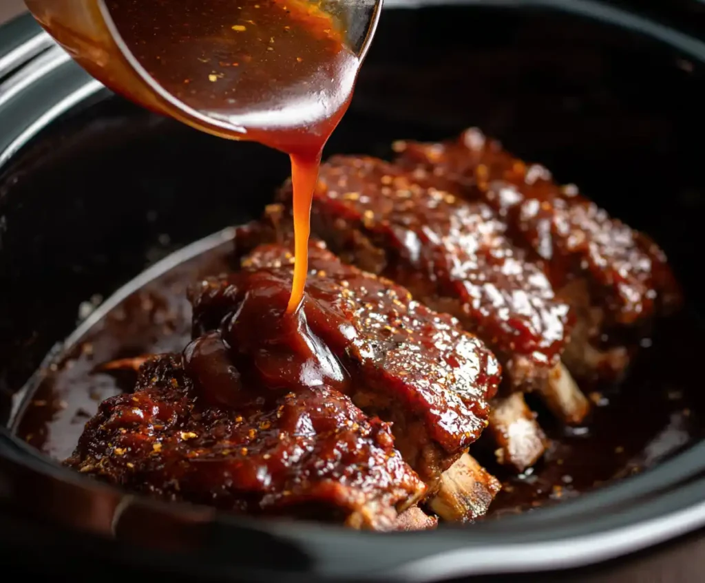 BBQ sauce poured over ribs in crockpot