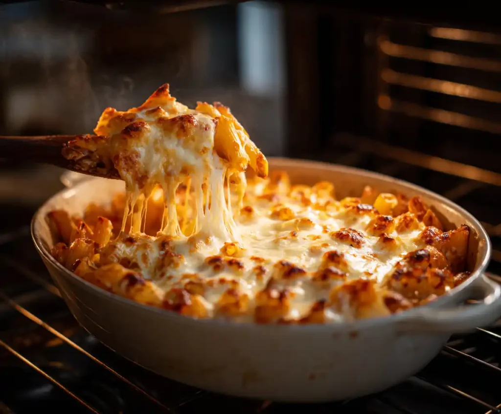 Baked Chicken Parmesan Pasta casserole with melted golden cheese