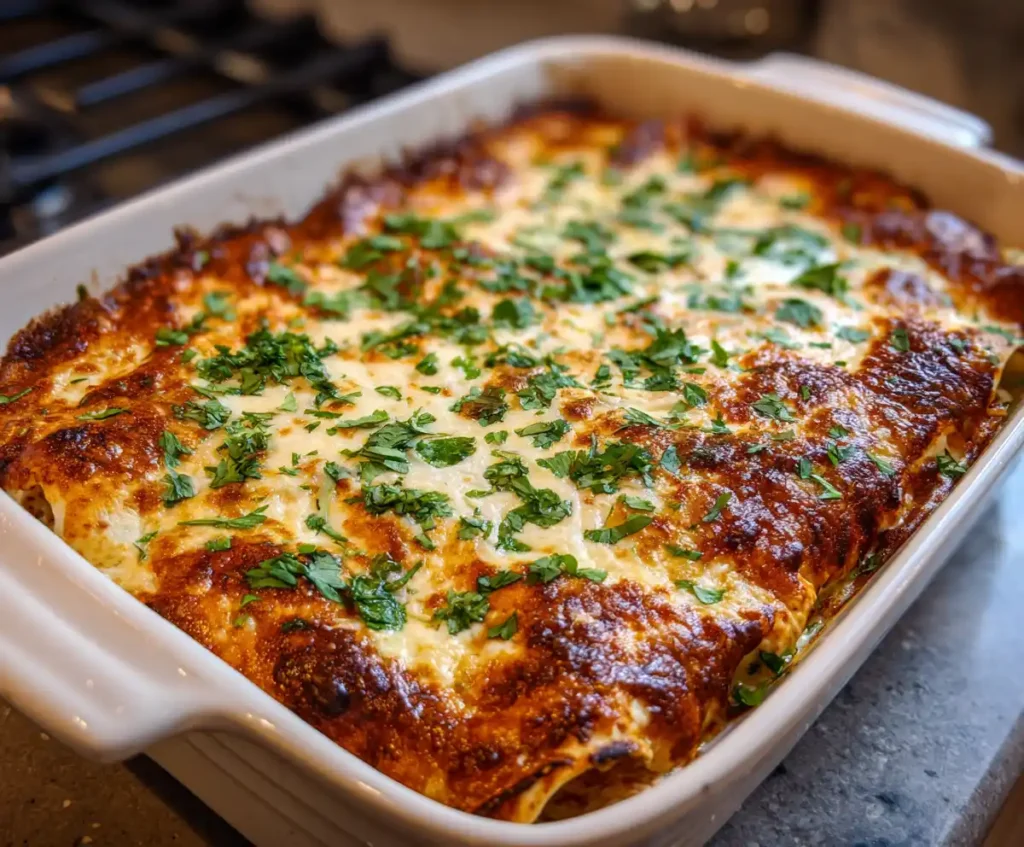 Baked chicken enchiladas with melted cheese and cilantro garnish
